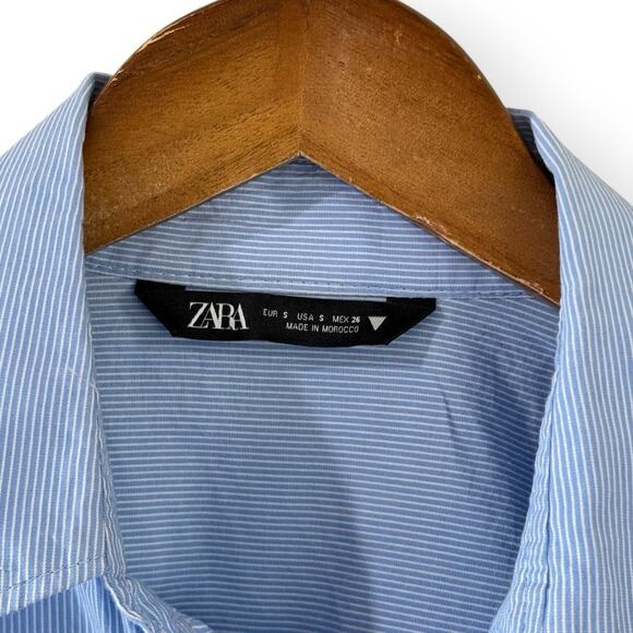 Zara Striped Poplin Cropped Shirt Short Sleeve Womens Size S Blue White Pockets - Picture 2 of 7